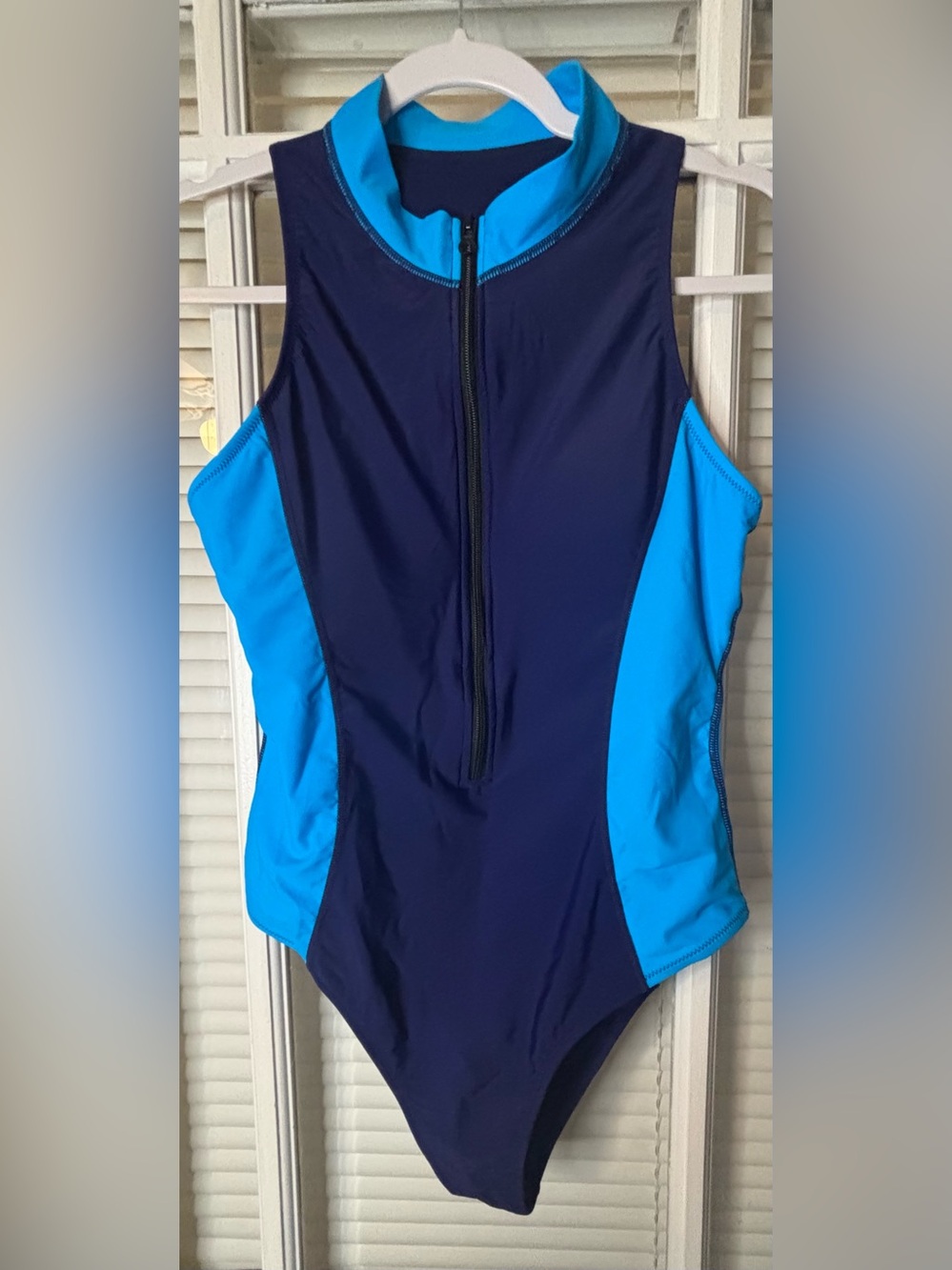Women's Two-Tone Navy and Aqua Front-Zip One-Piece Swimsuit-Size Large